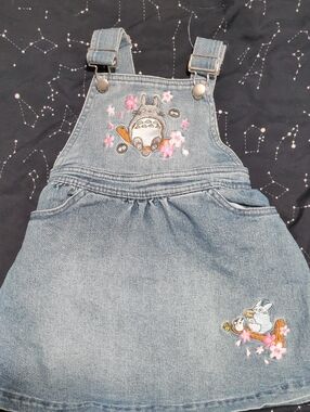Light Blue Denim Overall Dress with Totoro Embroidery - Kids